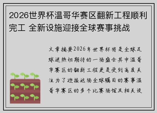 2026世界杯温哥华赛区翻新工程顺利完工 全新设施迎接全球赛事挑战